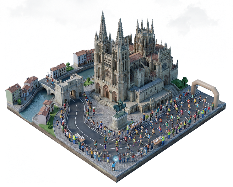 Maratón turístico en un casco histórico con catedral, corredores y público alrededor del recorrido.